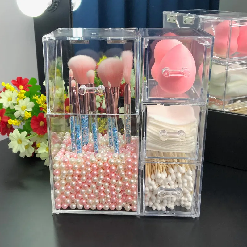 

Acrylic Makeup Brushes Holder with Drawers for Cotton Pads/Swab/Blender Makeup Brush Kit Organizer Cosmetics Storage Box