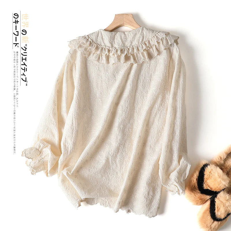 Новая Осенняя хлопковая рубашка в японском стиле с вышивкой Свободная Женская