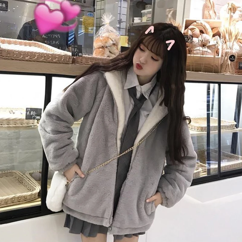Kawaii Lolita Coat Japanese Soft Girl Cute Koala Ear Hooded Jacket Winter New Warm Faux Fur Zip Up Student Padded Overcoat Women