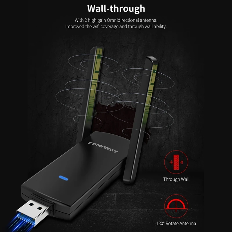 

USB 1300M Dual Band Dual Antenna Wireless Wifi Adapter Network- Card PC Receiver 87HE