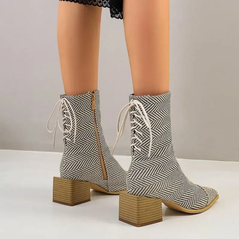

RIZABINA Plus Size 34-48 Women Boots Fashion Cross Strap Thick Heel Winter Shoes Woman Sexy Zipper Office Lady Party Footwear