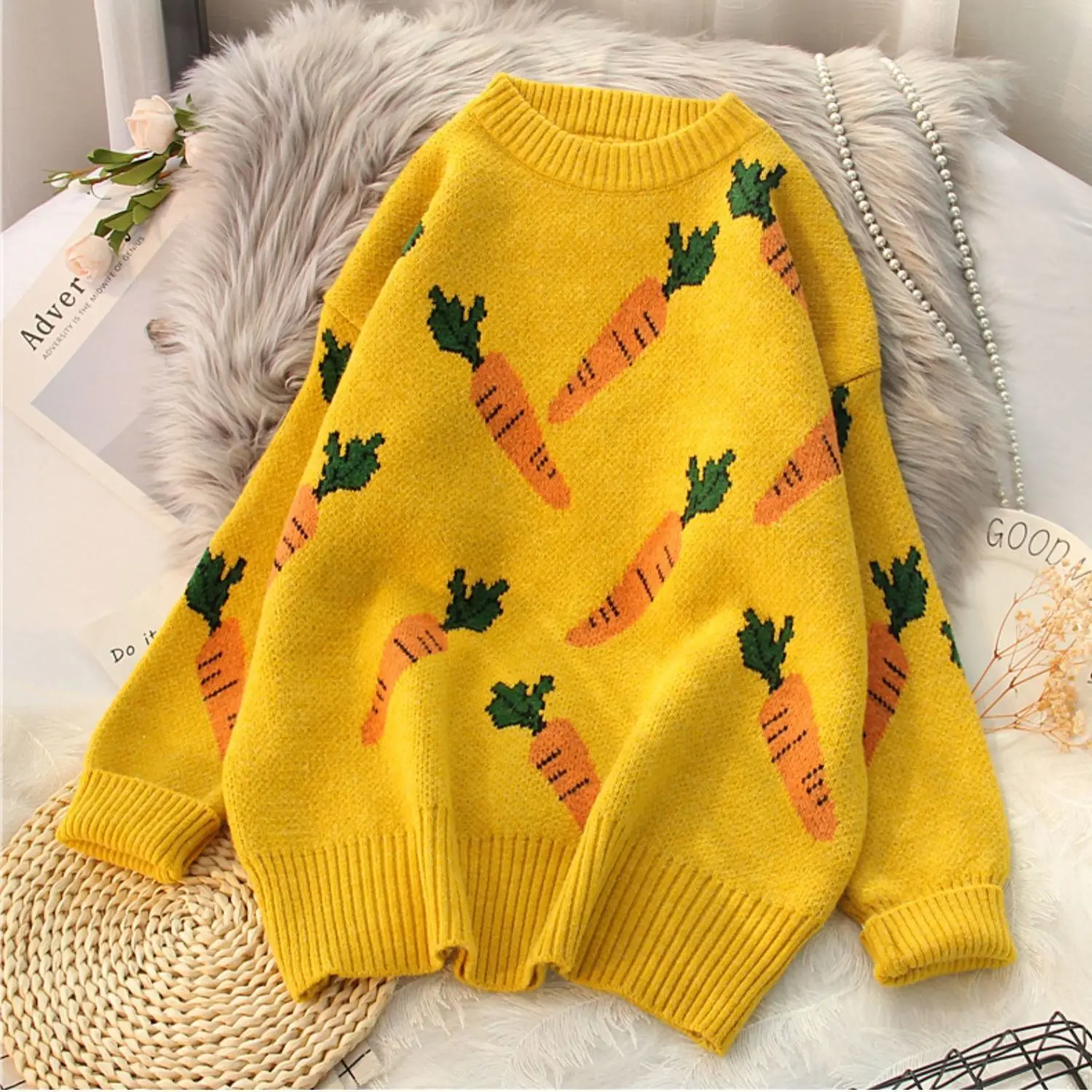 

Knitted Sweater Women Carrot Pattern Long Sleeve Pullover Loose High-necked Blue Yellow Sweater Womens Winter 2021 New Knitwear