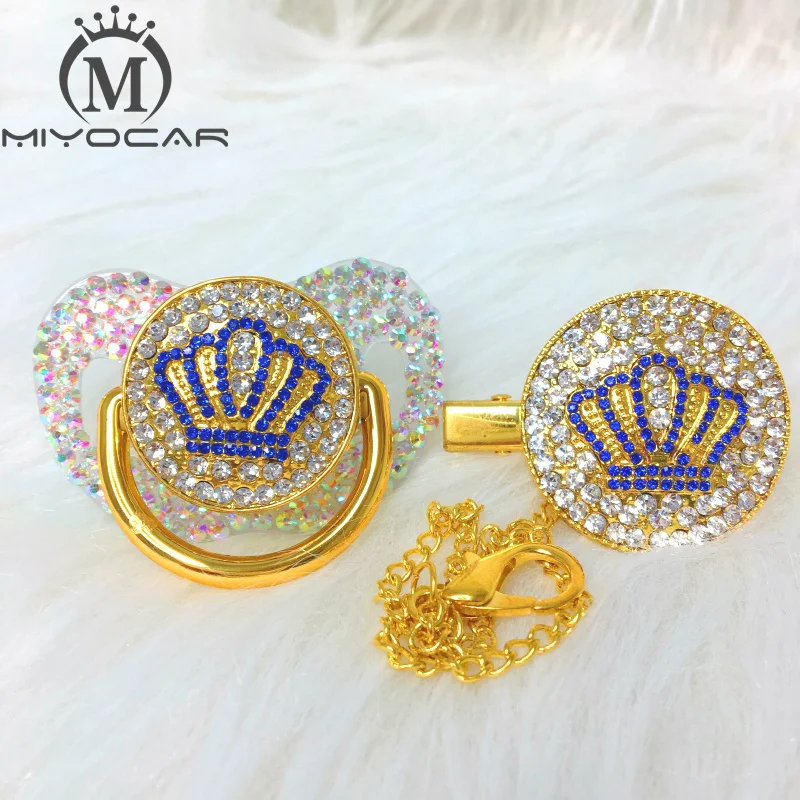 

MIYOCAR All Bling white blue bling crown pacifier and clip set pacifier chain holder gold crown pacifier unique design ABCB-SW
