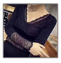 Кружевное лоскутное зимнее женское термобелье сексуальное с v-образным вырезом теплые бархатные блузки женские термос топы под женский свитер