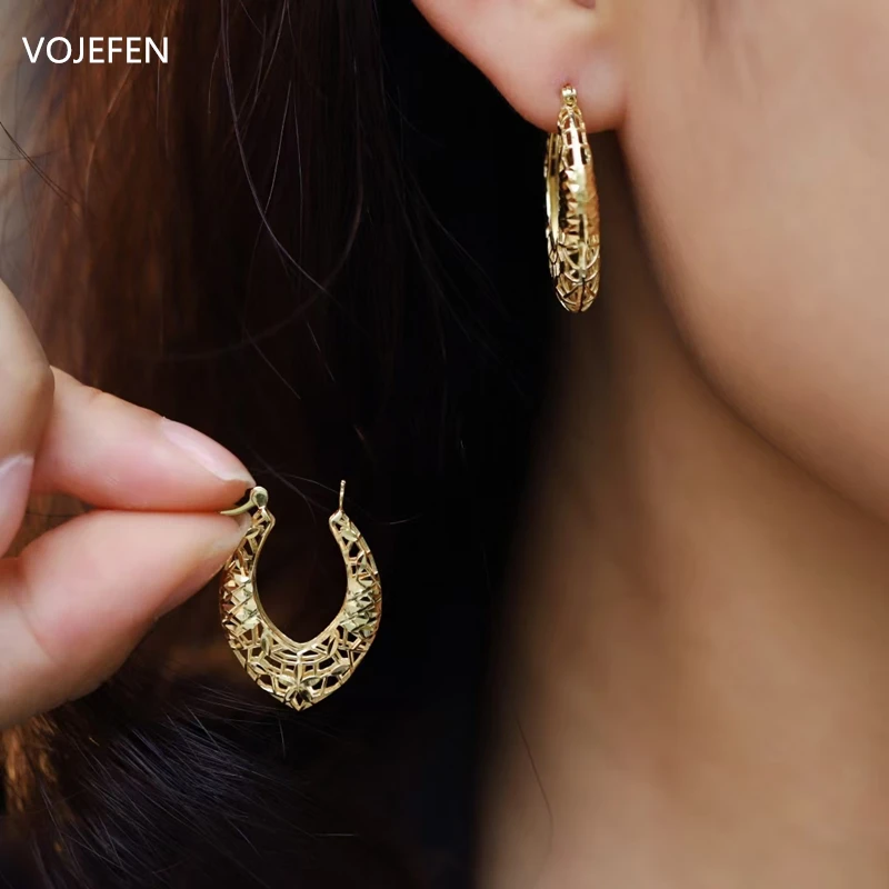 

VOJEFEN 18k Pure Gold Filigree Oval Hoop Earrings Hollow Hoops for Women Fashion Jewelry Hollow Flower Pattern Dangle Hoops