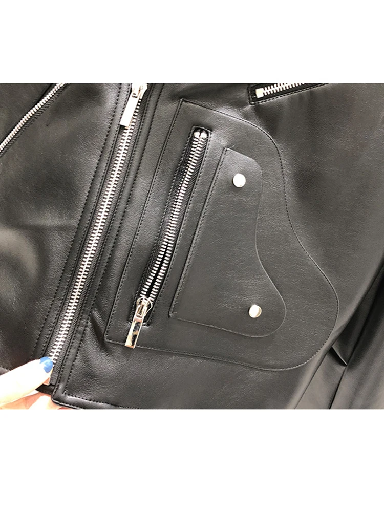

Free shipping solid color lapel zipper pocket loose PU leather motorcycle leather jacket ladies autumn and winter new style