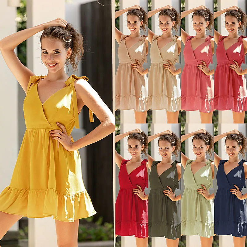 

Summer Women's Fashion Sexy Solid V Neck Spaghetti Straps Bow Sleeveless Backless Zippers Ruffles Patchwork Empire Dress Ladies