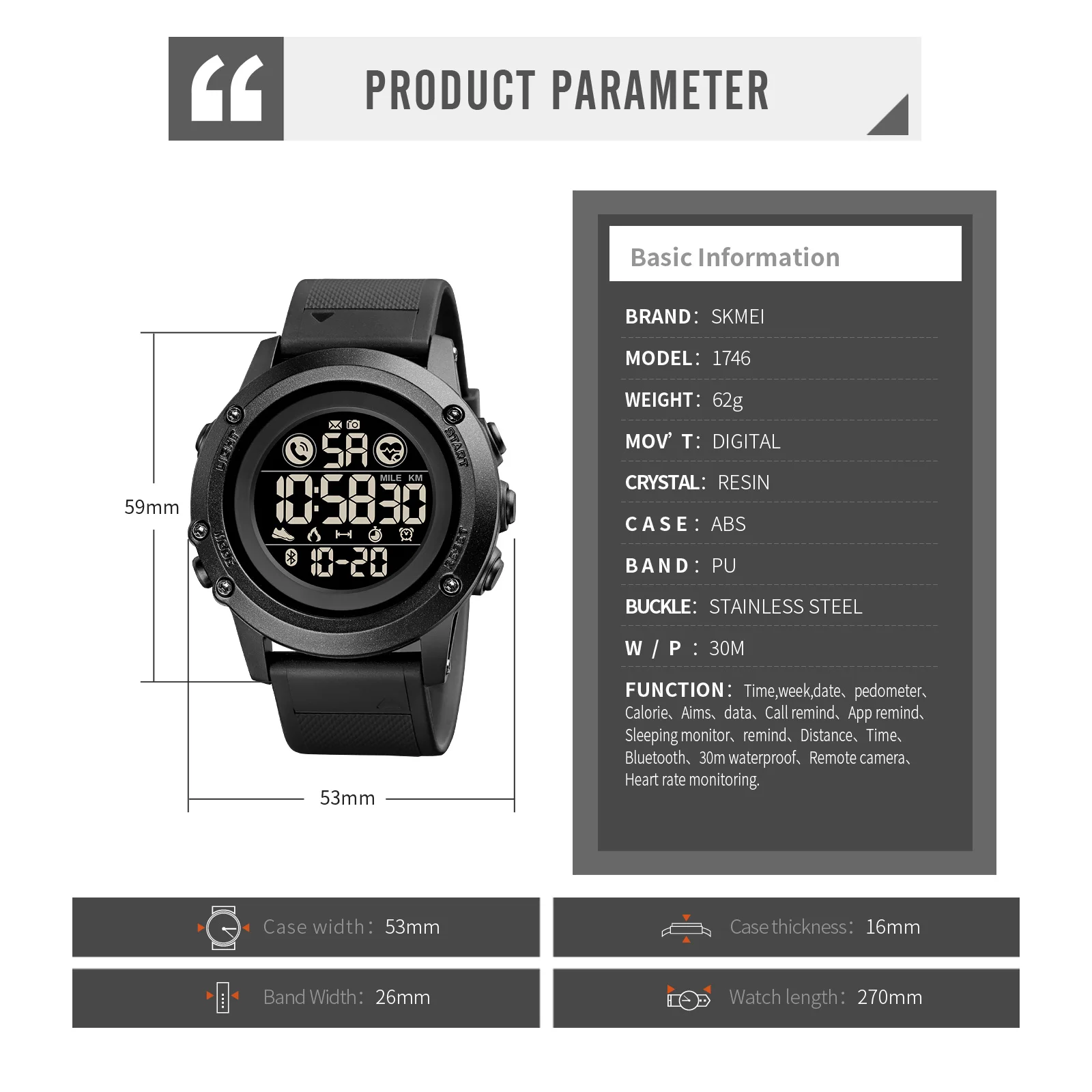 

SKMEI Sports Mens Smartwatch Heart Rate 3D Pedometer Men Smart Wristwatch Fashion Bluetooth Male Watch relojes inteligentes 1746