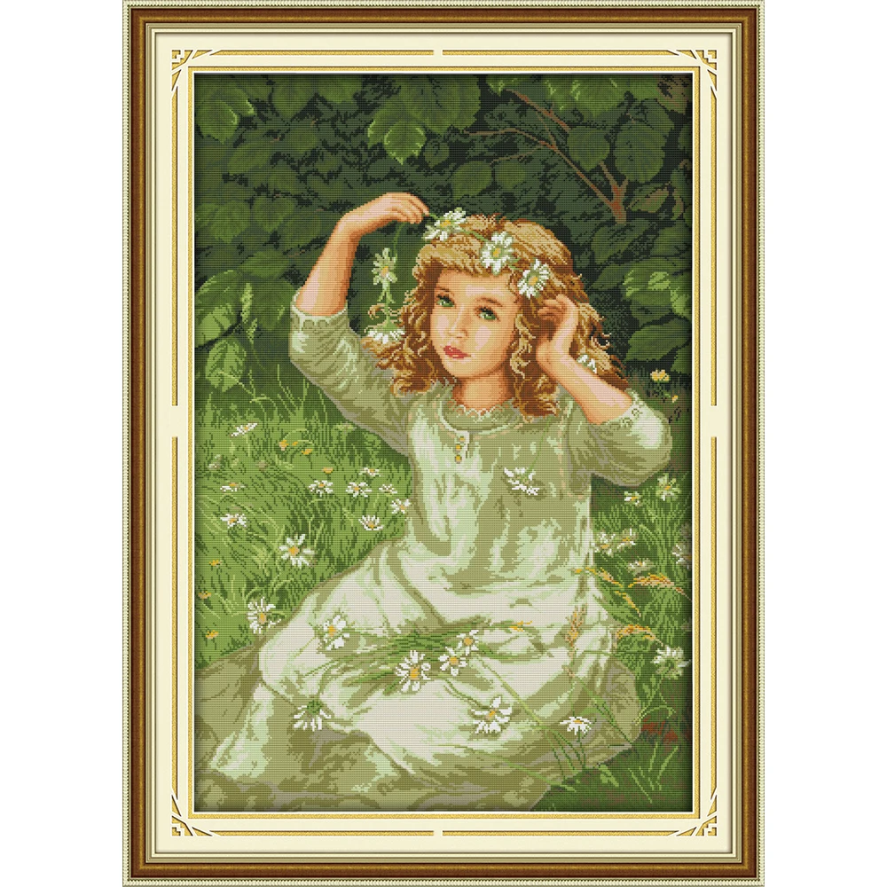 Joy Sunday The Girl With Garland Chinese Cross Stitch Kits Ecological Cotton Clear Printed 14CT 11CT DIY Gift Wedding Decoration