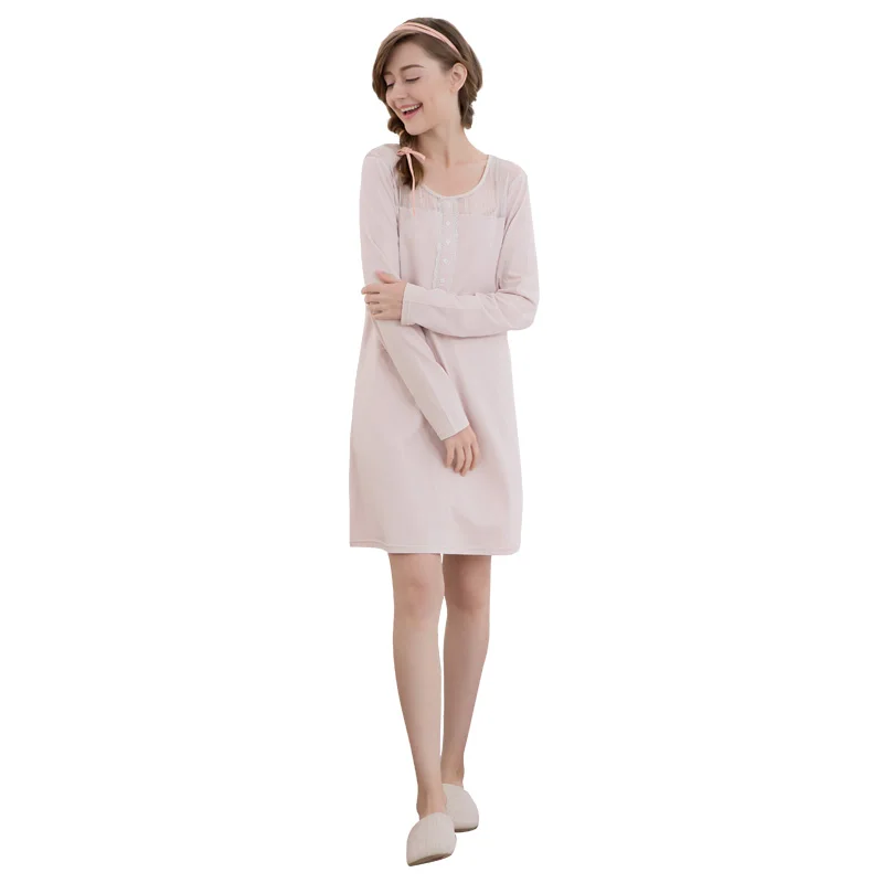 

Knitted cotton long-sleeved nightdress Ladies' elegant round neck knitted cotton long-sleeved nightgown