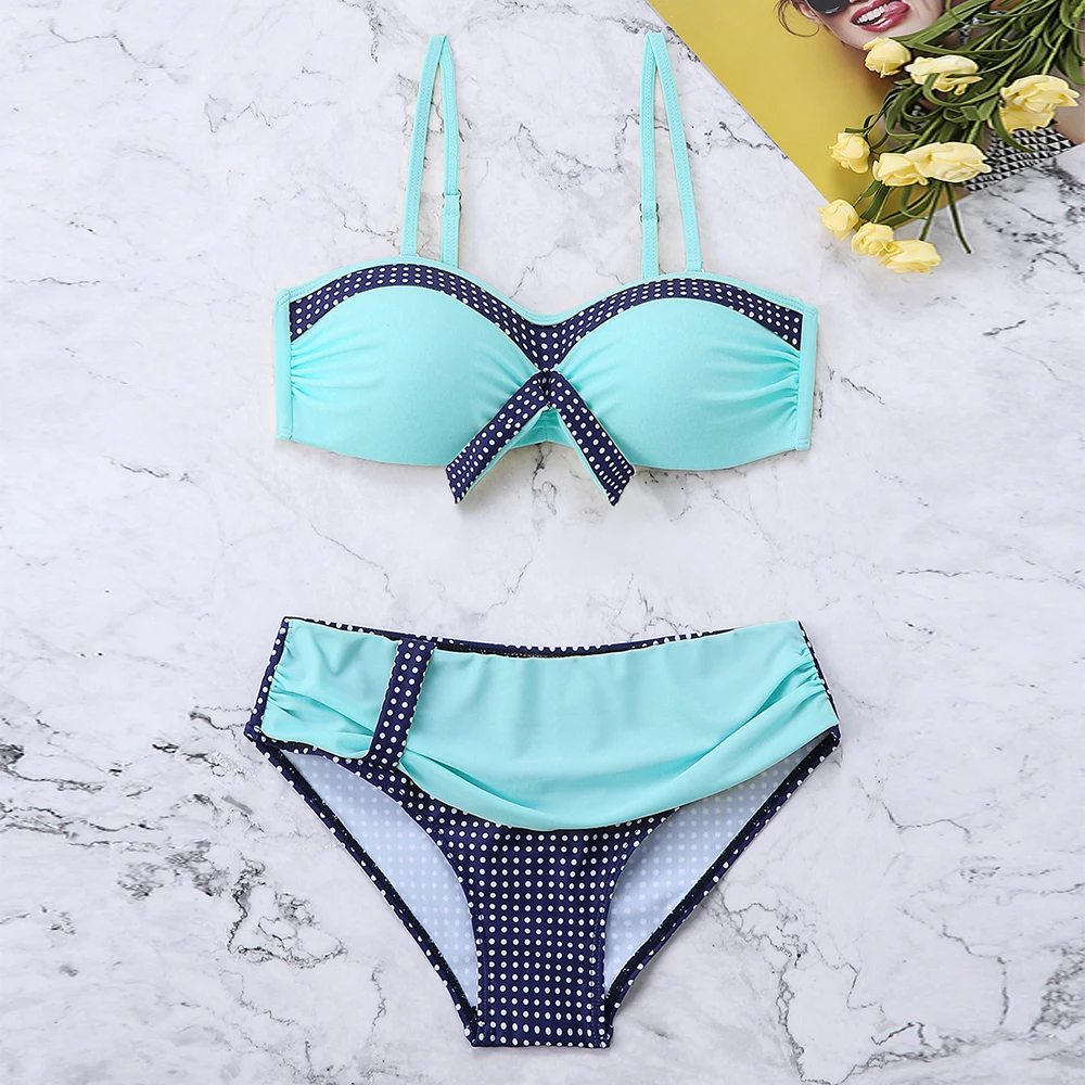 Женский купальник в горошек с бантом спереди | Женская одежда