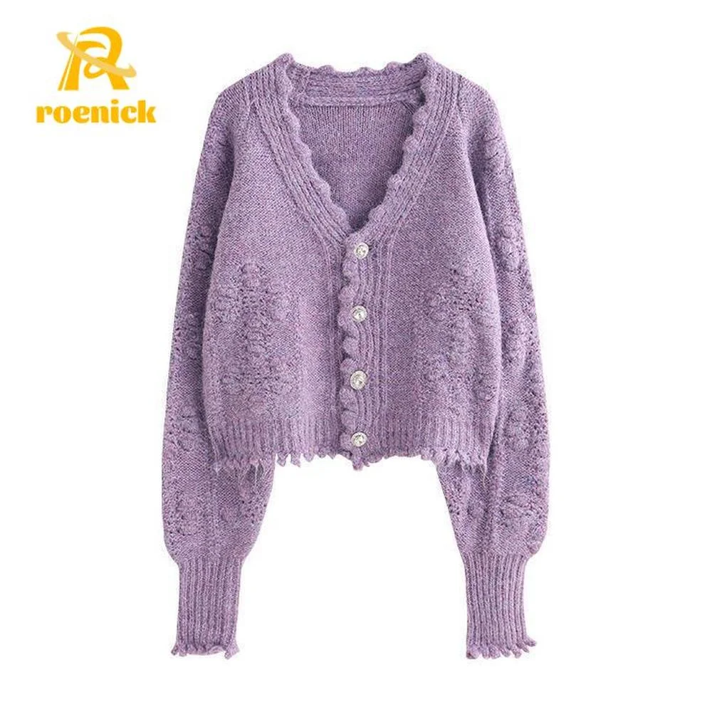 

ROENICK Women Gem Buttons Pompom Sweaters Cardigans Female Fashion Vintage Long Sleeve Knitted Tops Chic Jumpers Outerwear