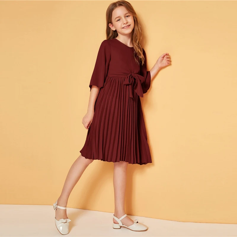 SHEIN/детское однотонное плиссированное платье с завязками спереди для девочек; милое детское платье; коллекция года; Летние Детские платья трапециевидной формы с рукавами-воланами до колена