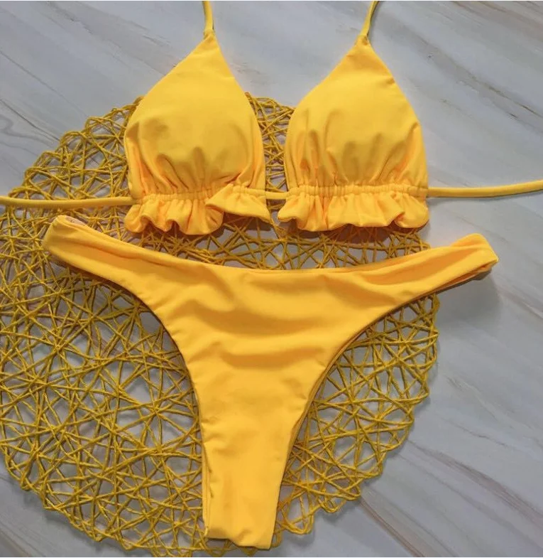 

Women Sexy Bandage Brazilian Bikini Sets Triangle Push-up Ruffle Top Solid Color Thong Bottom Suit Lace Up Swimwear