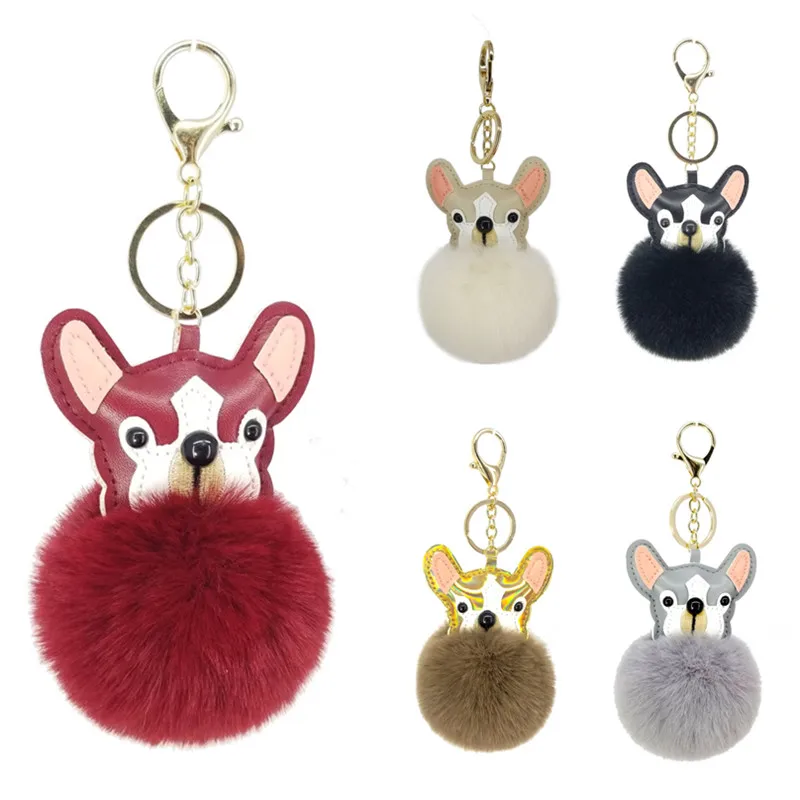 

4 Color Women's Cute PU Animal Dog Faux Fur Pom Pom keychain Handbag Purse Jewellry Holder Keyring Backpack Charms Pendent Gift