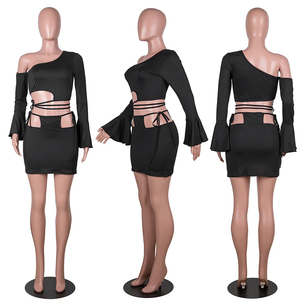 

Echoine Black One Shoulder One Sleeve Flare Sleeve Lace Up Dress Ladies Mini Sexy Backless Party Dresses Clubwear Outfits Autumn