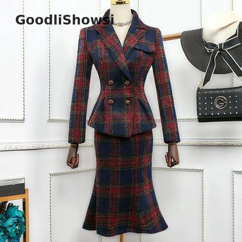 GoodliShowsi, Новое поступление, модные комплекты из 2 предметов, женские комплекты, шерстяной клетчатый костюм, Топы+ юбка «рыбий хвост», костюмы, подходящие комплекты, наряды