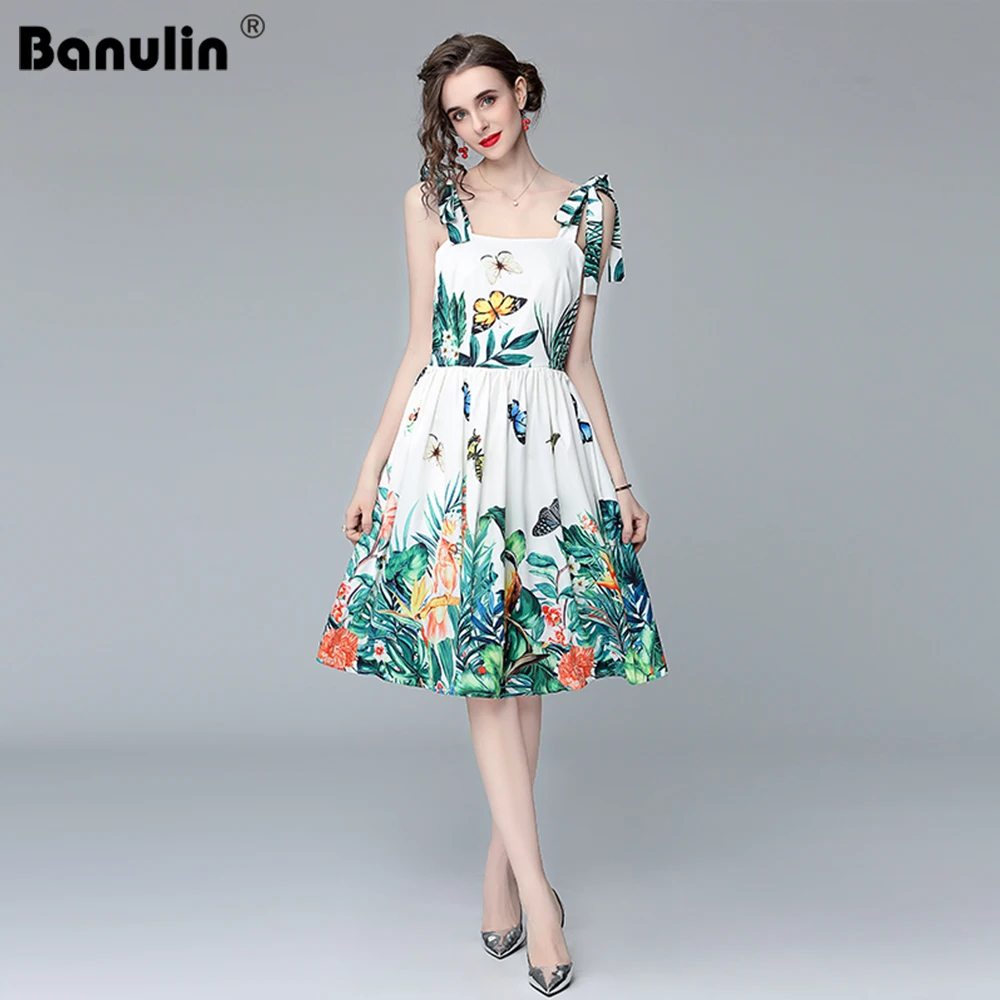 

Banulin Runway Summer Flower Dress Women Elegant Bowknot Sleeveless Spaghetti Straps Mini Dresses Green Short Female Dress