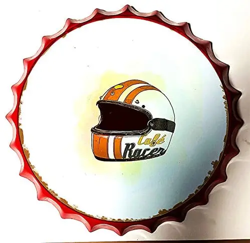 

Tin Sign Bottle Cap Metal Tin Sign Motorcycle Helmet Garage , Round Metal Signs for Home and Kitchen