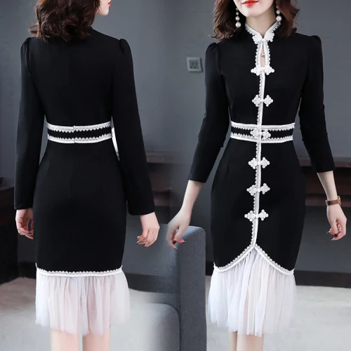 

Chinese Style Dress For Women Button Ladies Dresses Patchwork Mermaid Maxi Dress Trumpet Vestidos De Festa Luxury Women Dresses