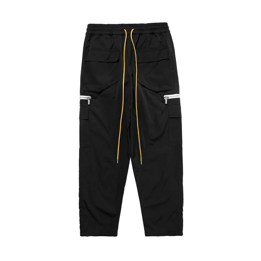

Black RHUDE Overalls Retro Cargo Pants Men Women Zipper Pocket Buttoned Multi Pockets Trousers