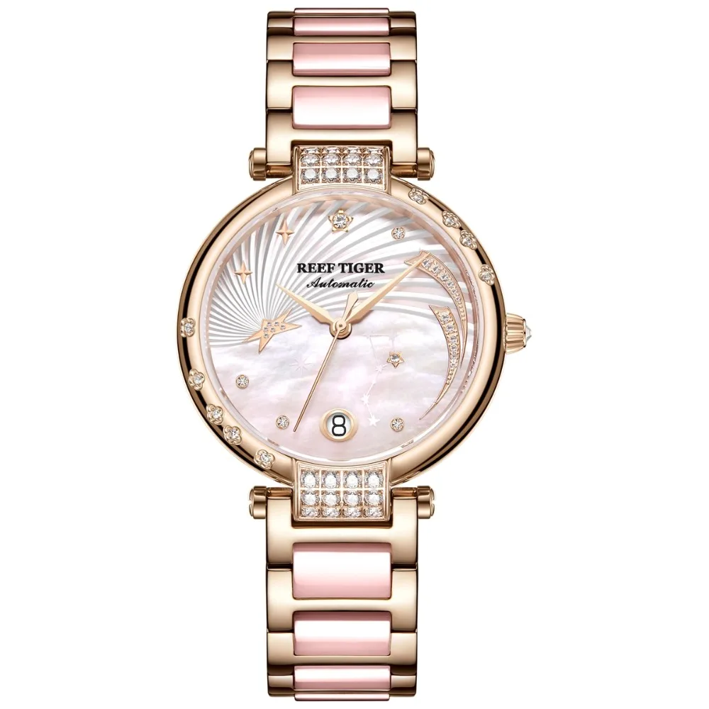 

Reef Tiger New Designer Diamond Watches for Women Mother Of Pearl Dial Automatic Watches Sapphire Ceramic Watches Band RGA1592
