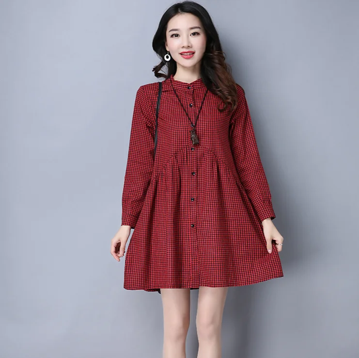 

Autumn all-match cardigan top 2020 plus size women's slimming plaid shirt mid-length long-sleeved stand-up collar shirt dress