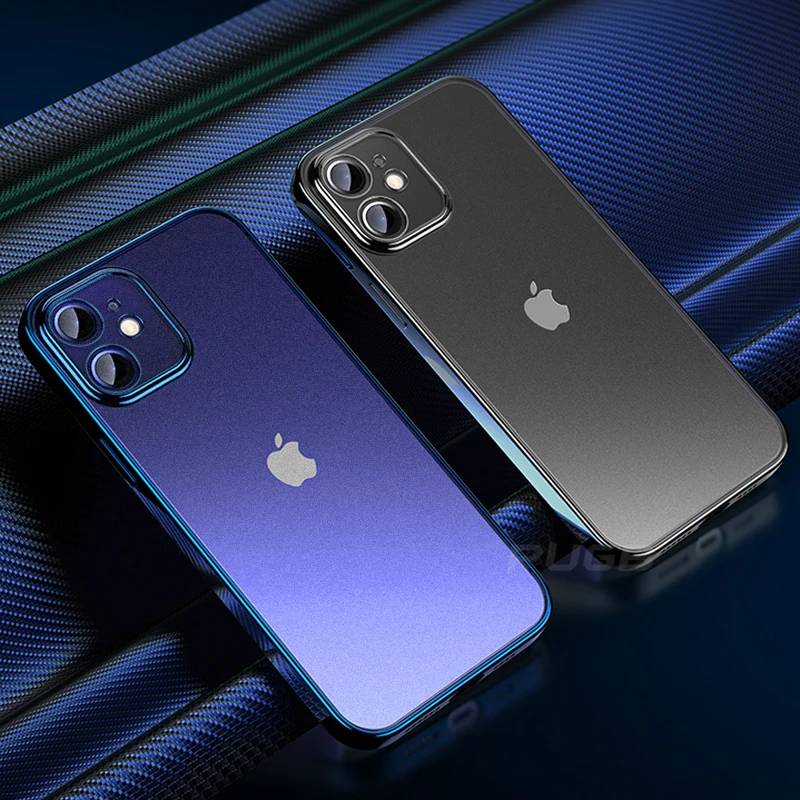 

Luxury Plating Square Frame Soft Matte Silicone Case for iPhone 12 11 Pro Max Mini SE 2020 XR X XS 7 8 Plus Transparent Cover