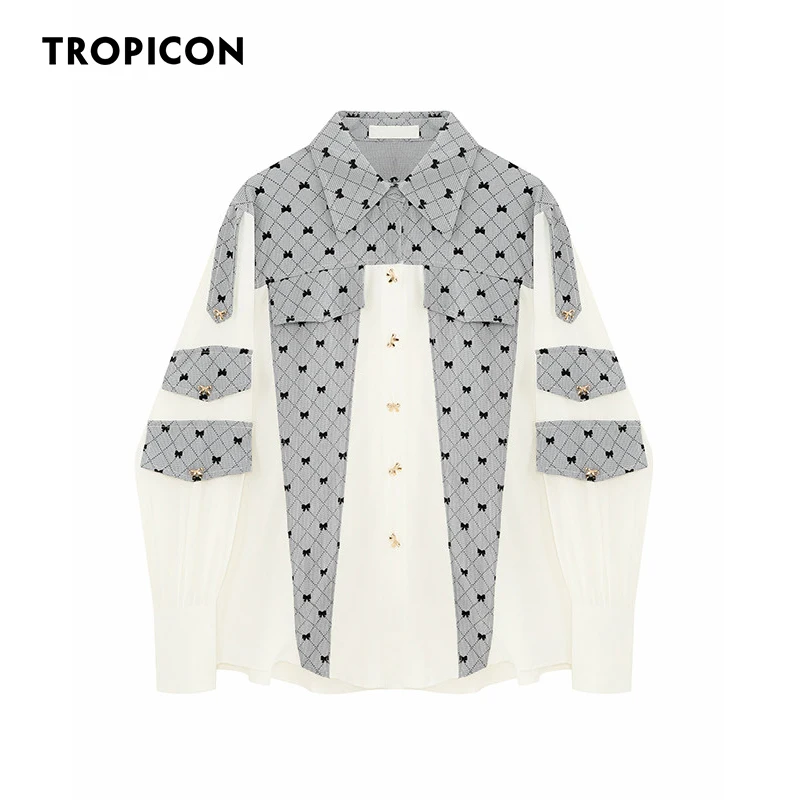 

TROPICON Designer Vintage Long Sleeve Button Up Shirt Fall 2021 Womens Trend Fashion Patchwork Butterfly Epaulet White Shirt