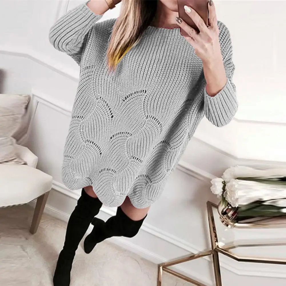 Женский Однотонный свитер свободного покроя с круглым вырезом | Женская одежда