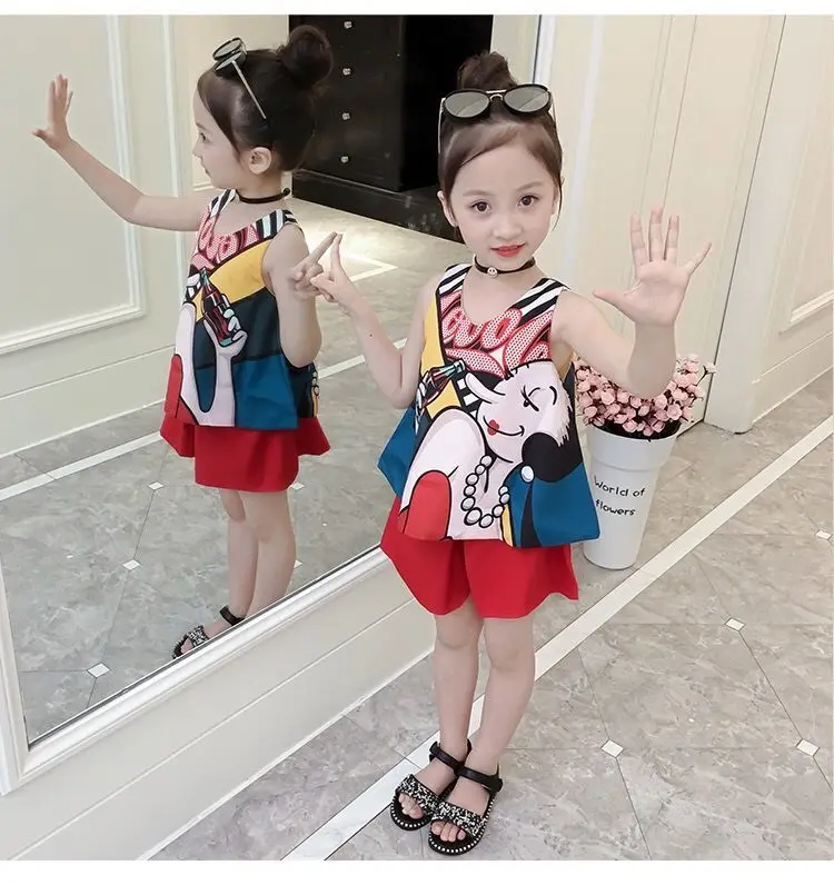 

Children's clothing girls new middle and large children's summer suits girls clothes suits children's vest shorts 2-piece set
