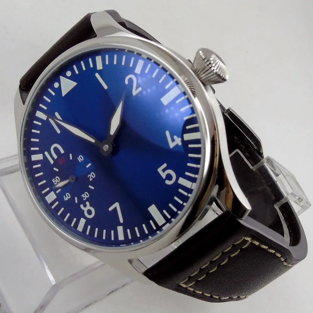

44 мм синие светящиеся стрелки 17 драгоценностей 6497 механизм стерильный циферблат кожаные ручные механические мужские часы