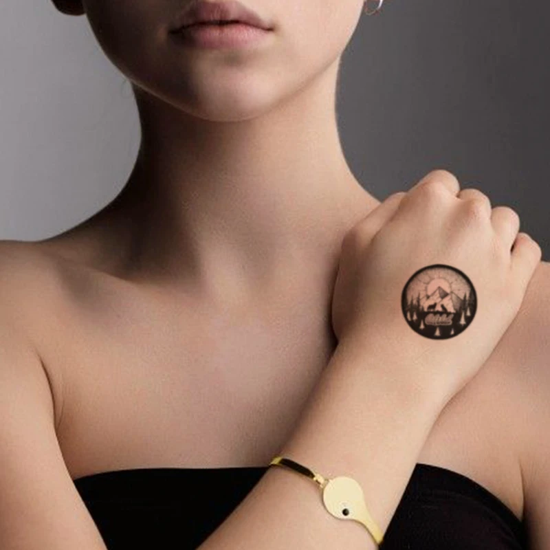 

Circle Temporary Tattoos for Men Women Black Forest Whale Tattoo Sticker Mountain Sun Letter Fake Tatoos Minimalist Finger Ankle