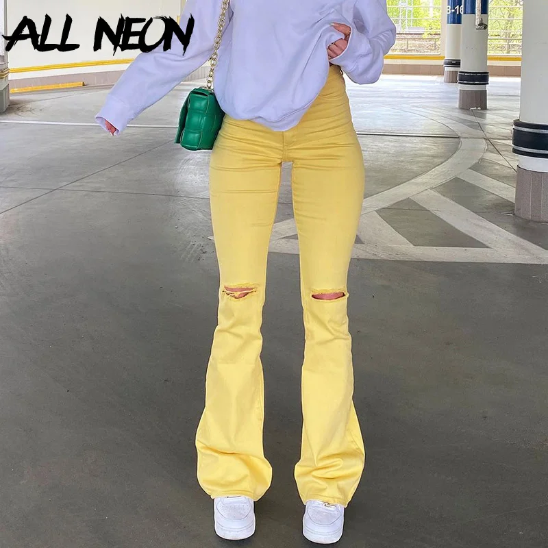 

ALLNeon Y2K Streetwear High Waist Yellow Denim Flare Pants 2000s Aesthetics Solid Full Length Ripped Jeans Casual Trousers Slim