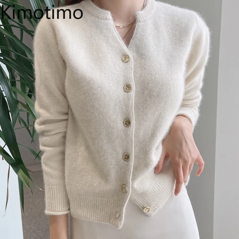 

Kimotimo Elegant Knitted Cardigan Women Korean Chic French V-neck Soft Single Breasted Sweater Autumn Solid Long-sleeved Tops