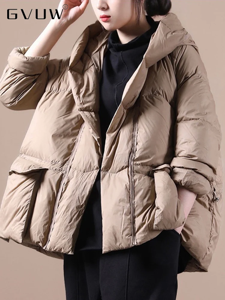 

Зимнее модное пальто GVUW в стиле оверсайз на утином пуху, женские теплые толстые куртки с капюшоном, черные осенние повседневные парки с карм...