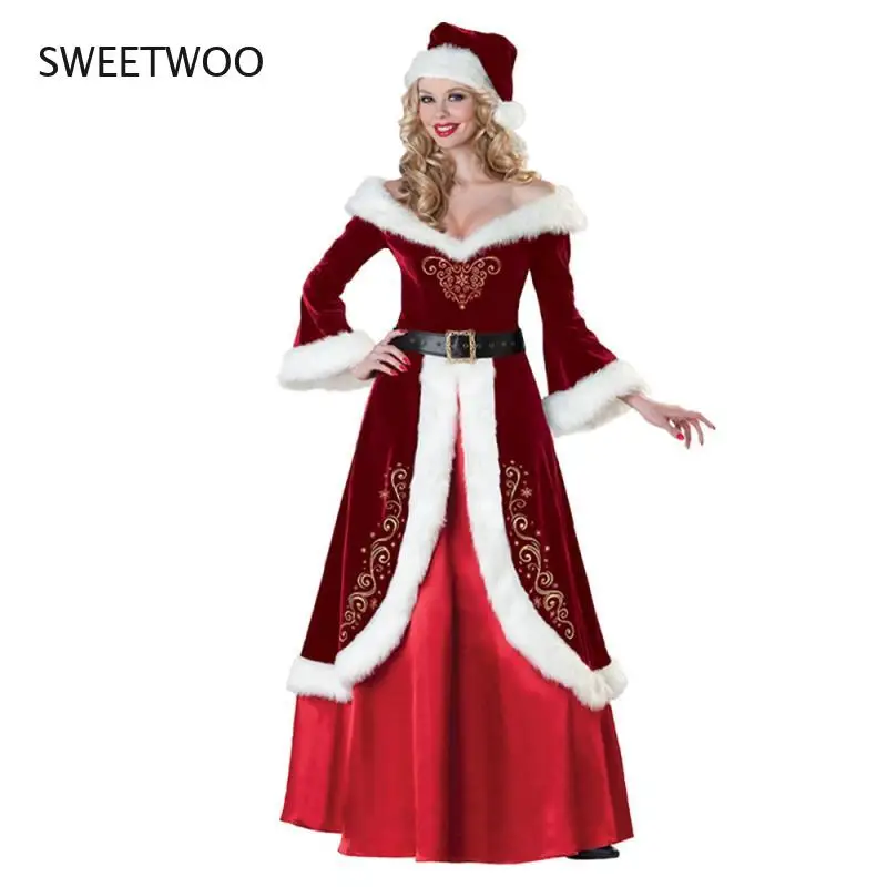 2021 Xmas Santa Claus Suit Adult Christmas Cosplay Costume Red Deluxe Velvet Fancy 9Pcs Set Xmas Party Man Costume S-Xxl