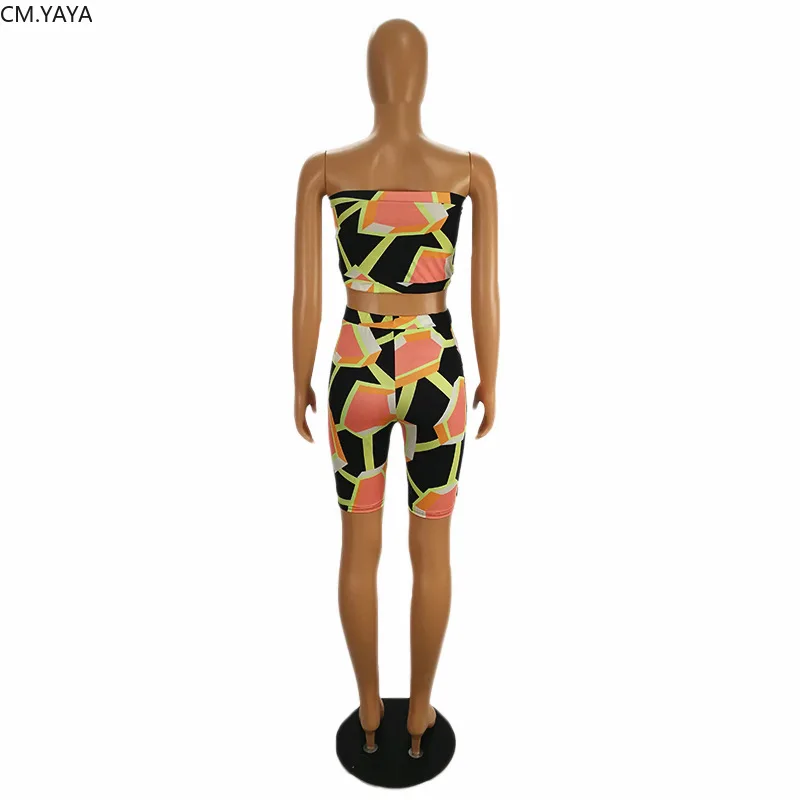 CM.YAYA Women Sport Two Piece Set Geometric Strapless Crop Tops Knee Length Jogger Sweatpants Suit Tracksuit Matching Outfit | Женская