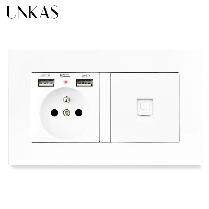 

UNKAS PC Plastic Panel Gray French Standard Power Socket Grounded With Female RJ45 Computer Jack Dual USB For Mobile Grey Outlet