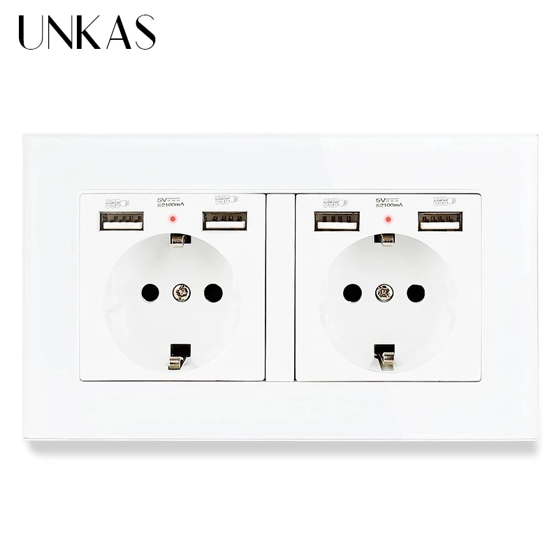 Белая стеклянная панель UNKAS европейская французская розетка с двумя USB-портами +