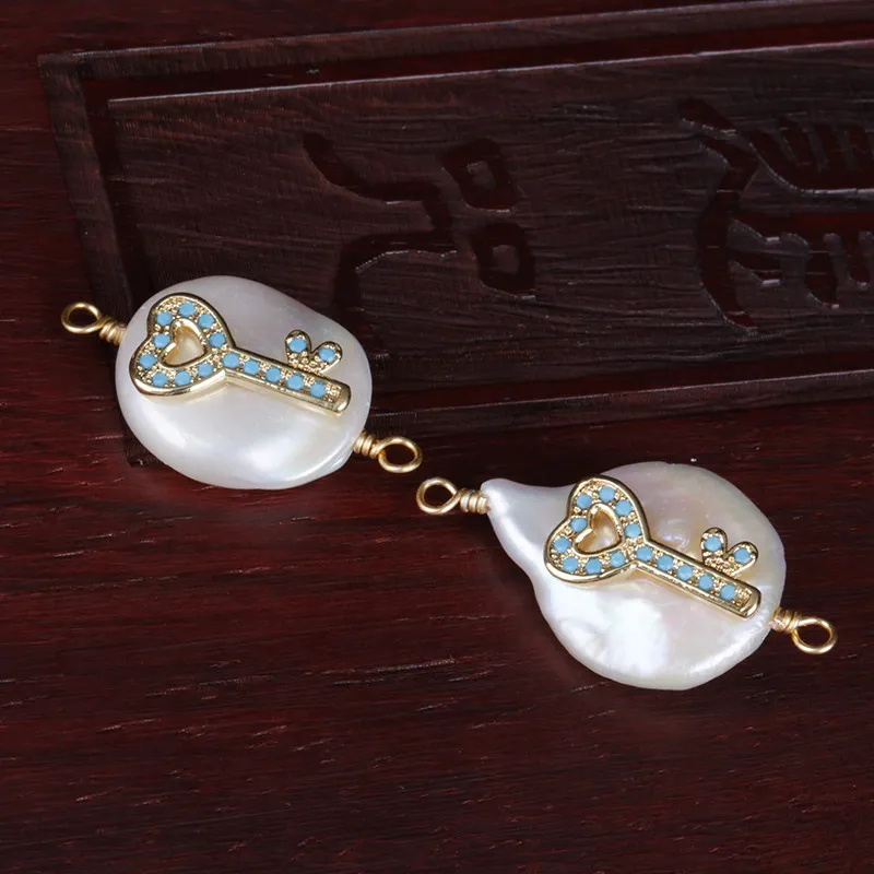 micro paved multi colors cz gold key charm freshwater pearl wire wrapped buckles connector bead for jewelry DIY making | Украшения и