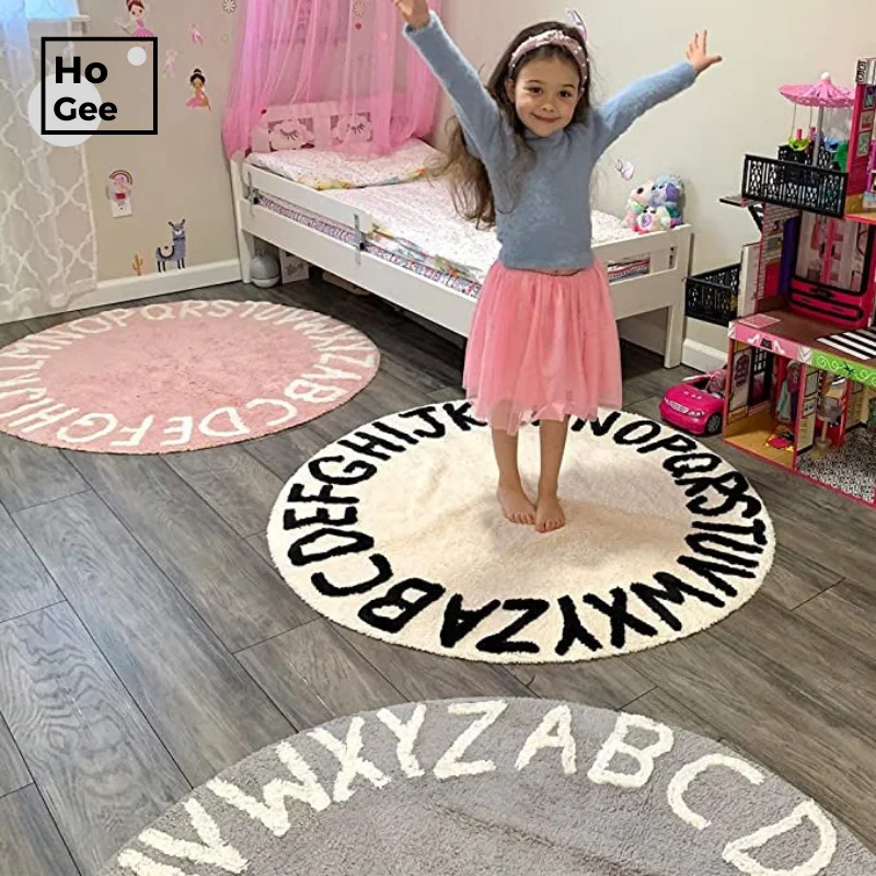 

Round Fluffy Carpet For Living Room Modern Soft Bedside Carpets White Bedroom Carpet Alphabet Kids Carpet Furry Mat for Children