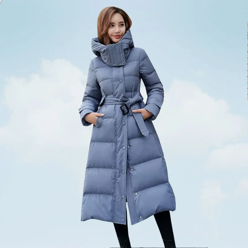 Blue 90% белая женская куртка на утином пуху с капюшоном, черное белое зимнее пальто, зимняя длинная парка, женская тонкая теплая верхняя одежда с пальто с поясом 763 - Цвет: Blue