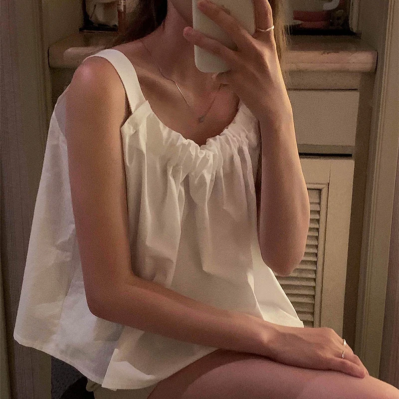 

Sleeveless Summer Camis Tops Korean Kawaii Casual Loose Shirts Tops Simple Cotton Chic French Camis Tops Streetwear 2021