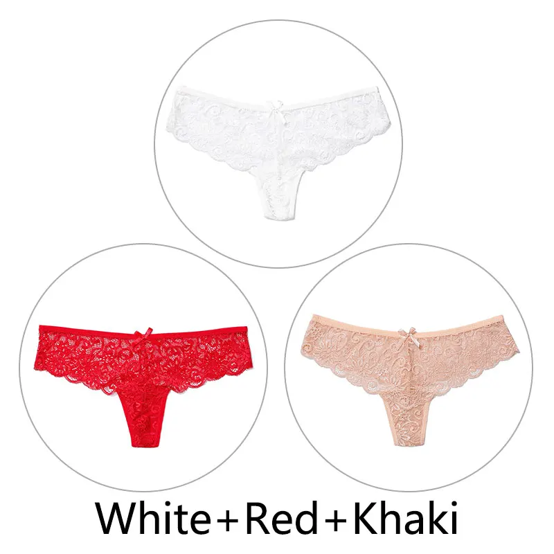 White Red Khaki 3 шт., сексуальные кружевные трусики женские стринги и стринги, открытая низкая талия, нижнее белье, прозрачные танга, женское нижнее белье, дышащее - Цвет: White Red Khaki