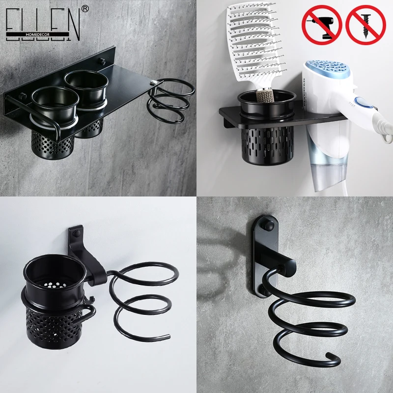 

Hair Dryer Holder With Cup Households Wall Storage Bathroom Accessories Hair Dryer Shelf Metal Black Hair Dryer Rack EL1035