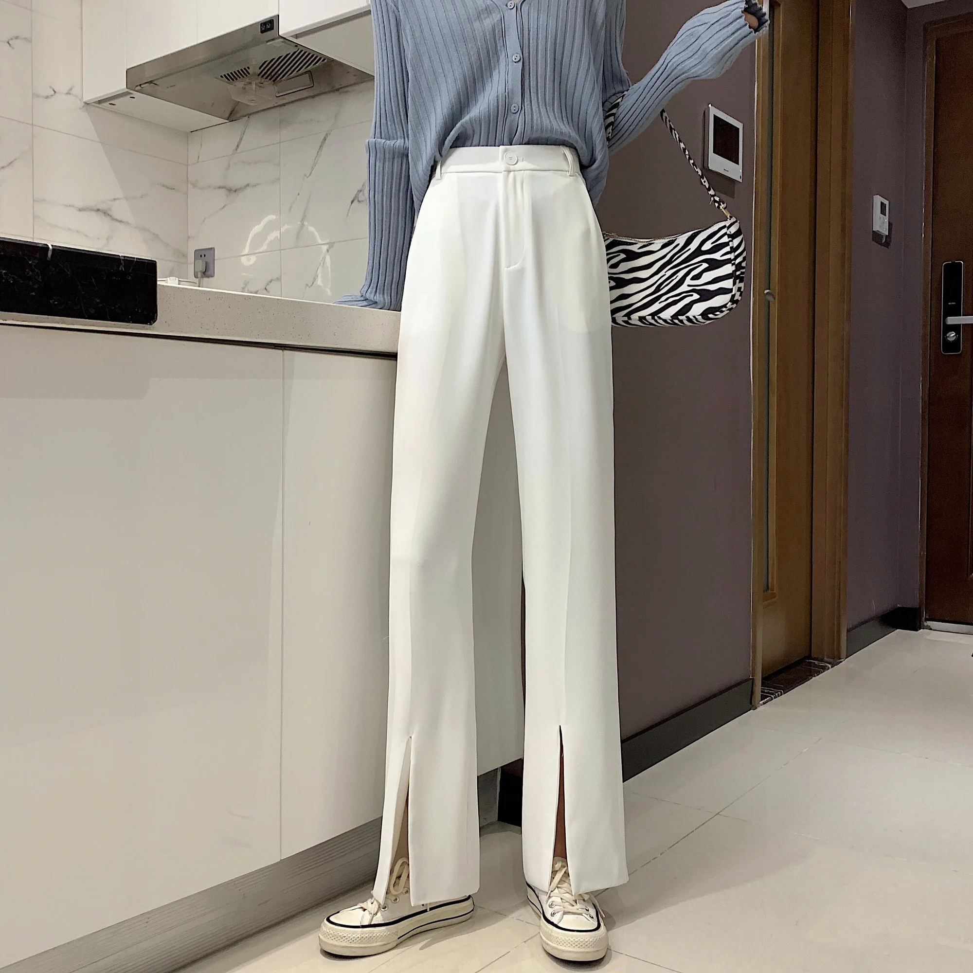 

Small White Suit Pants Women's Front Slit Straight-Leg Pants 150cm High Waist Loose Drooping Wide Leg Casual Trousers
