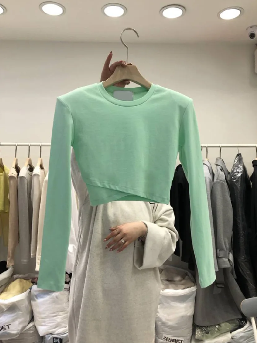 

Korean 2021 spring new women's wear Korean version simple fashion solid round neck short long sleeve T-shirt casual top