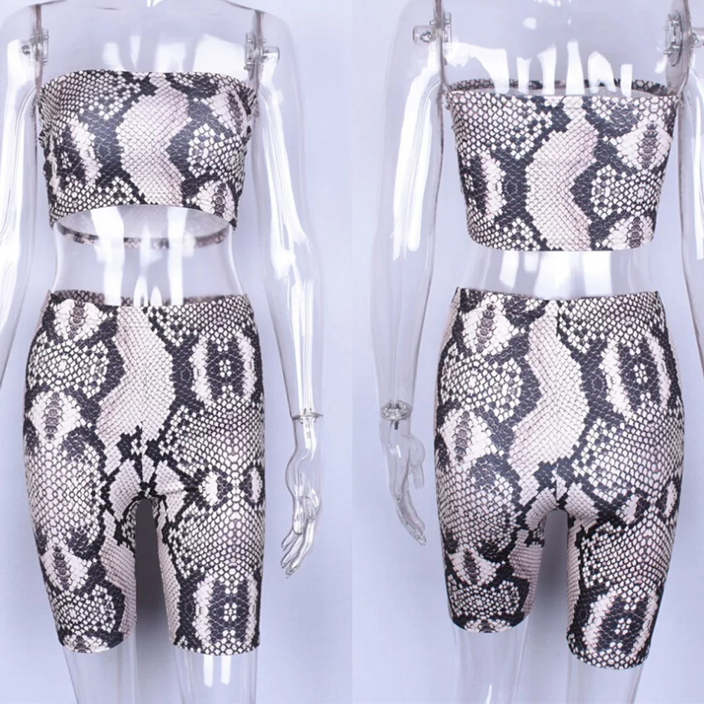 

2021 Sexy Snake Skin Print Two Piece Set Womens Summer Casual Shinny Tube Top Shorts Bodycon 2Pcs Set Outfits Short Sports Sets