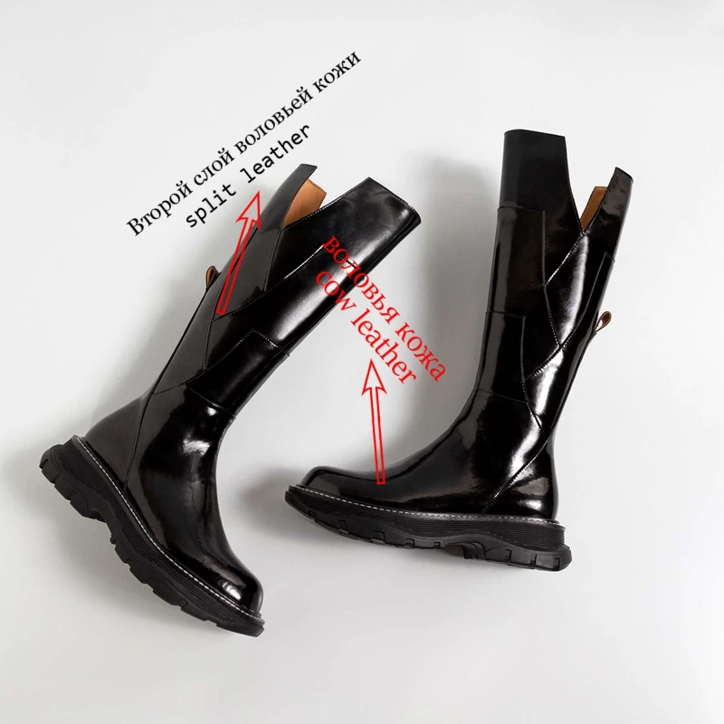 

Lenkisen natural leather round toe thick bottom riding boots sexy lady streetwear nightclub fashion solid knee-high boots L21